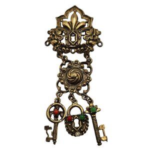 1970s Brass Lock & Key Dangle Brooch with Red Green White Glass Stones Large